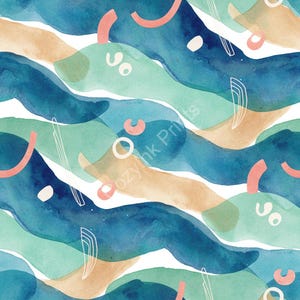 Op de afbeelding: Abstract aquarelpatroon met vloeiende vormen in tinten blauw, groenblauw en bruin, geaccentueerd met koraal en witte details. Het ontwerp heeft een modern, artistiek gevoel, met een herhalend golfachtig patroon. De tekst "Cozy Ink Prints" is zichtbaar.
