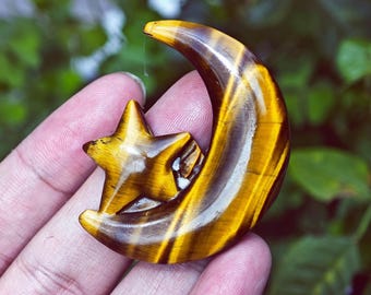 Natural Tiger's Eye Moon / Star Carving • 5cm Quartz Crystal Decor • Protection & Confidence Crystal