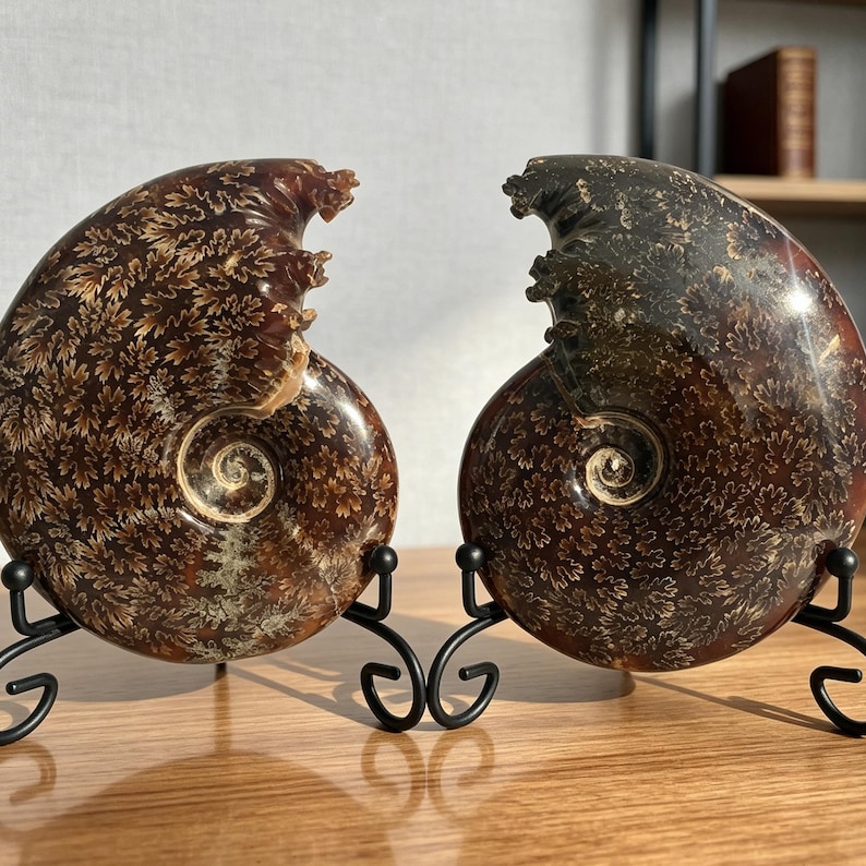 May include: Two polished ammonite fossils with intricate, branching suture patterns in shades of dark brown and tan. Each fossil is displayed upright on a black metal wire stand, showcasing the spiral shell structure and natural mineralized details.