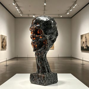 K&ouml;nnte beinhalten: Eine dunkle, strukturierte Skulptur eines menschlichen Sch&auml;dels mit offenem Kiefer und Augenh&ouml;hlen, ausgestellt in einer Kunstgalerie. Der Sch&auml;del hat ein raues, steinartiges Aussehen mit orangefarbenen Highlights im Inneren. Die Skulptur ist auf einem wei&szlig;en Sockel montiert.