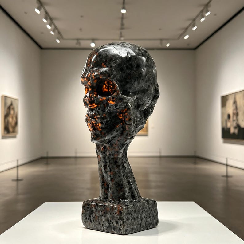 K&ouml;nnte beinhalten: Eine dunkle, strukturierte Skulptur eines menschlichen Sch&auml;dels mit offenem Kiefer und Augenh&ouml;hlen, ausgestellt in einer Kunstgalerie. Der Sch&auml;del hat ein raues, steinartiges Aussehen mit orangefarbenen Highlights im Inneren. Die Skulptur ist auf einem wei&szlig;en Sockel montiert.