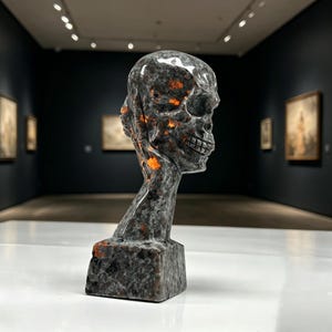 K&ouml;nnte beinhalten: Eine geschnitzte Steinskulptur eines Sch&auml;dels mit detaillierter Kiefer und Augenh&ouml;hlen. Die Skulptur hat ein grau-orangefarbenes, gesprenkeltes Muster und ist auf einem rechteckigen Sockel montiert. Das Kunstwerk wird in einer Galerie ausgestellt.