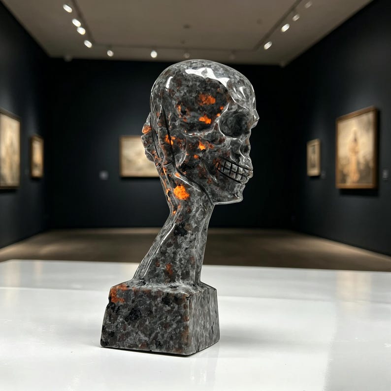 K&ouml;nnte beinhalten: Eine geschnitzte Steinskulptur eines Sch&auml;dels mit detaillierter Kiefer und Augenh&ouml;hlen. Die Skulptur hat ein grau-orangefarbenes, gesprenkeltes Muster und ist auf einem rechteckigen Sockel montiert. Das Kunstwerk wird in einer Galerie ausgestellt.