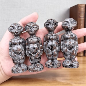 May include: Four small, hand-carved figurines shaped like extraterrestrial beings, crafted from polished granite with a speckled pattern of black, grey, and brown tones. Each figure features an oversized head, large almond-shaped eyes, and a rounded torso.