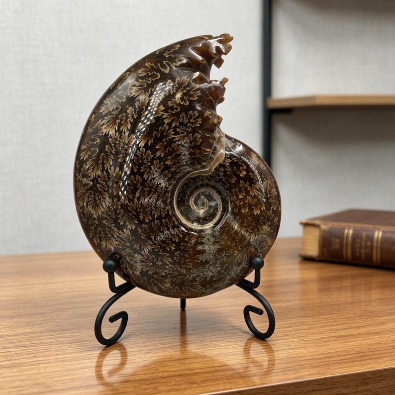 May include: A polished brown ammonite fossil featuring intricate, fern-like white patterns across its spiral shell. The fossil is displayed upright on a black metal wire stand with curved feet, showcasing its natural texture and detailed chambers.