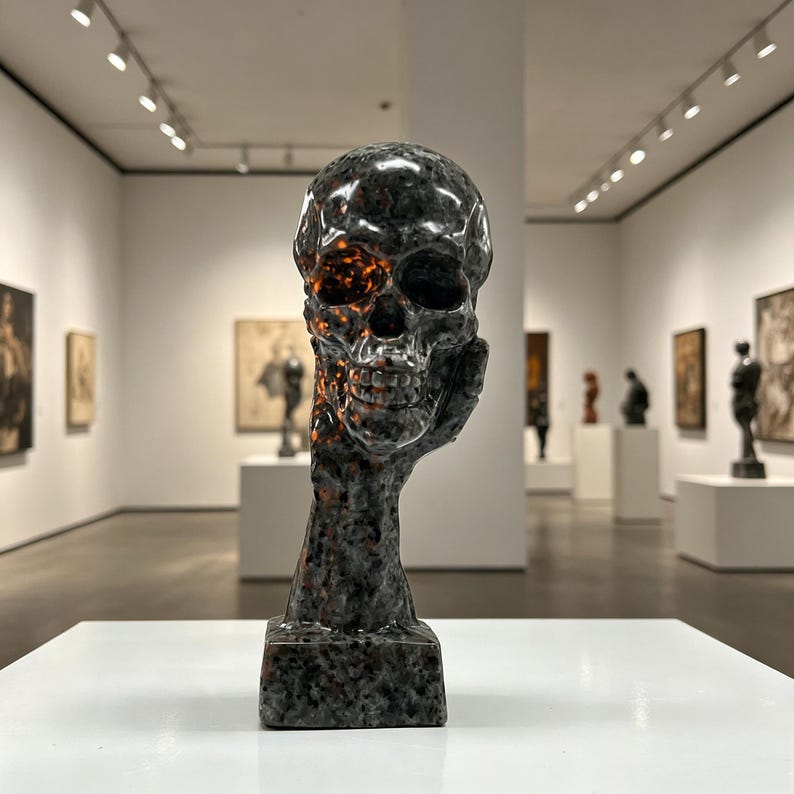 K&ouml;nnte beinhalten: Eine dunkle, strukturierte Skulptur eines menschlichen Sch&auml;dels, der auf einer Hand ruht. Der Sch&auml;del hat ein gesprenkeltes Aussehen mit orangefarbenen Highlights. Die Skulptur wird auf einer wei&szlig;en Oberfl&auml;che in einer Kunstgalerie ausgestellt.