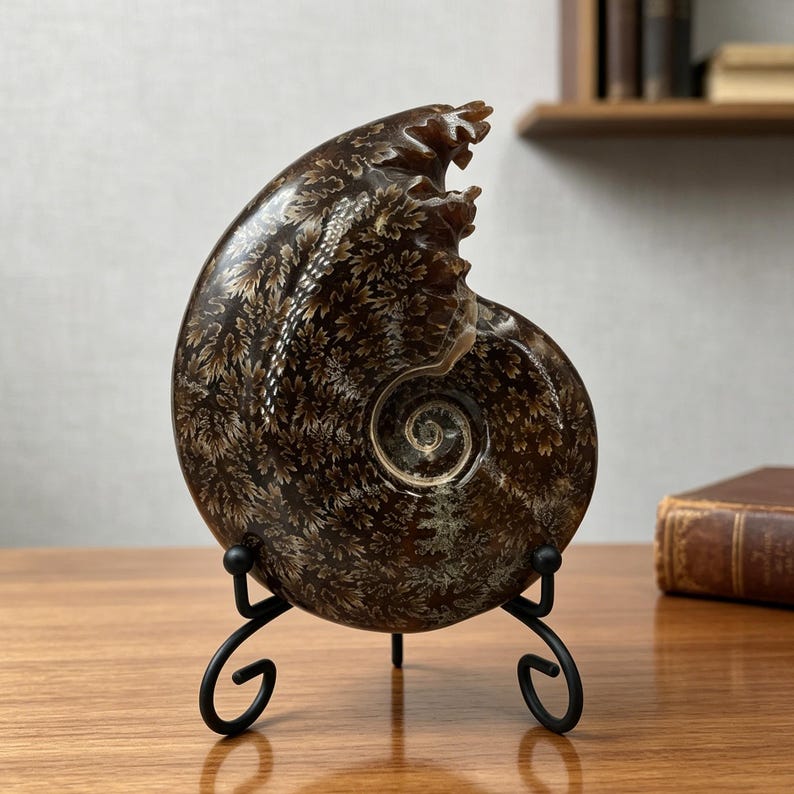 May include: A polished brown ammonite fossil featuring intricate, cream-colored fern-like suture patterns across its spiral shell. The fossil is displayed upright on a black metal stand with curved legs, showcasing its natural texture and form.