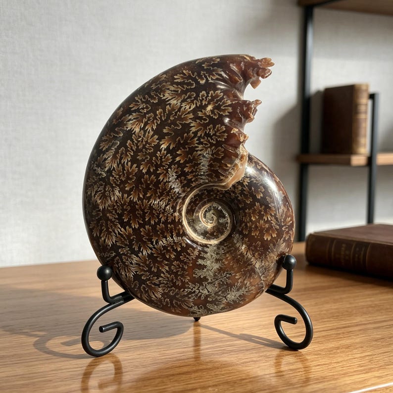 May include: A polished brown ammonite fossil specimen featuring intricate, fern-like white and tan suture patterns throughout its spiral shell, displayed upright on a black metal wire stand with curled feet.