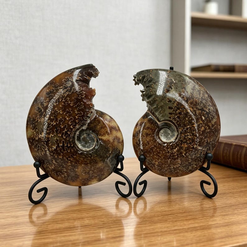 May include: Two polished ammonite fossils displayed on black metal stands. Each fossil features a spiral shell structure with intricate, branching suture patterns in shades of brown, tan, and dark grey, showcasing natural mineralized textures.