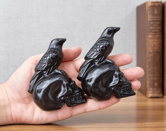 Schwarze Obsidian Schädel Raben Skulptur, handgeschnitzte Kristall Figur Wohnkultur