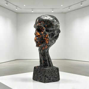 K&ouml;nnte beinhalten: Eine dunkle, strukturierte Skulptur eines menschlichen Sch&auml;dels mit offenem Mund, auf einem rechteckigen Sockel. Das Innere des Sch&auml;dels leuchtet orange, was einen auff&auml;lligen Kontrast zum dunklen &Auml;u&szlig;eren bildet. Die Skulptur wird in einer Galerie ausgestellt.