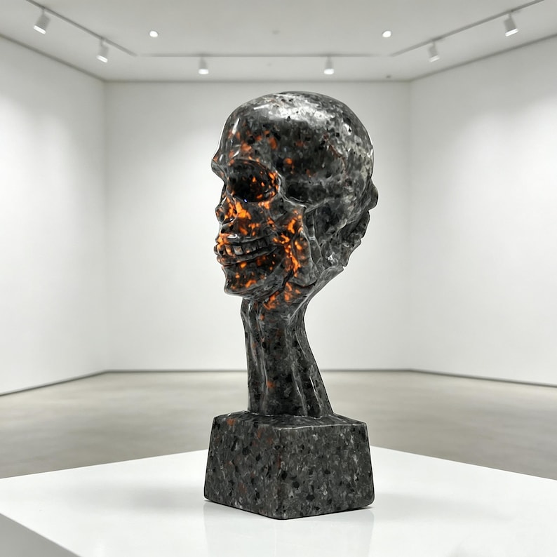 K&ouml;nnte beinhalten: Eine dunkle, strukturierte Skulptur eines menschlichen Sch&auml;dels mit offenem Mund, auf einem rechteckigen Sockel. Das Innere des Sch&auml;dels leuchtet orange, was einen auff&auml;lligen Kontrast zum dunklen &Auml;u&szlig;eren bildet. Die Skulptur wird in einer Galerie ausgestellt.