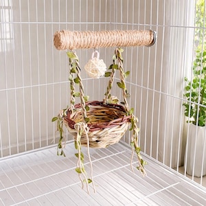 Bird Nest Swing with Rope Perch, Natural Woven Bird Cage Perch for Parakeet Budgie Cockatiel, Bird Cage Furniture Accessory
