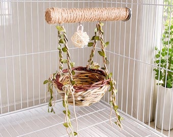 Columpio nido de pájaro con percha de cuerda, percha de jaula de pájaro tejida natural para periquito, cacatúa, accesorio de mobiliario para jaula de pájaros