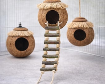 Jaula nido de cáscara de coco con techo de paja, refugio colgante para loros, hámsteres o petauros del azúcar, estilo o juego de 3 piezas