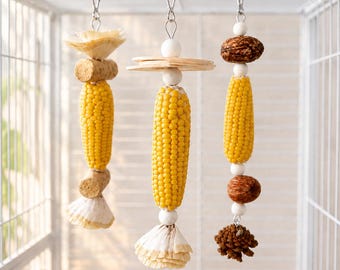 Ernte-Cornfield Serie Hänge Vogel Kauspielzeug für Käfig, Maiskolben Holzperle Pinecone und Kork Vogel Spielzeug für Wellensittiche Sittiche