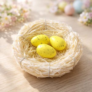 Könnte beinhalten: Ein kleiner, geflochtener Nest aus hellfarbenem Stroh enthält drei gesprenkelte gelbe Eier. Die Eier haben eine ovale Form und sind mit kleinen schwarzen Punkten versehen. Das Nest ist mit dünnem, weißem Faden gebunden, was einen rustikalen und natürlichen Look erzeugt.