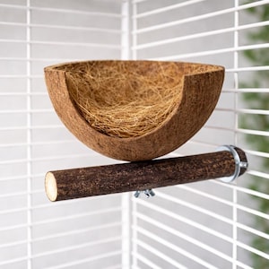 Puede incluir: Un comedero y un nido para pájaros hechos de materiales naturales. El cuenco es una media cáscara de coco llena de material para anidar. La percha es un pasador de madera marrón oscuro, fijado con herrajes metálicos. Fondo blanco.