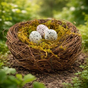 May include: A natural bird's nest made of woven brown twigs, filled with vibrant green moss and three speckled eggs. The eggs have a white base with black and purple spots. The nest sits on a bed of soil and green foliage.