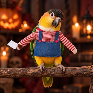 Könnte beinhalten: Ein Papagei mit gelben, grünen und schwarzen Federn, der ein rot-weiß gestreiftes Langarmshirt unter einer blauen Jeanslatzhose mit roten Knöpfen trägt. Der Papagei hält ein kleines weißes Spielzeugmesser mit braunem Griff.