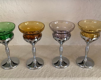 Set of Four Farber Bros Cordial Glass Amethyst-Dark and Light Amber-Emerald- Krome Kraft