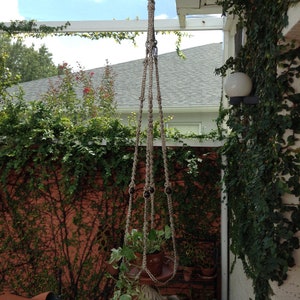 Vintage 1970&#39;s Long 75&quot; x 12&quot; Wide Macrame Plant Hanger in Brown, White and Beige Twine