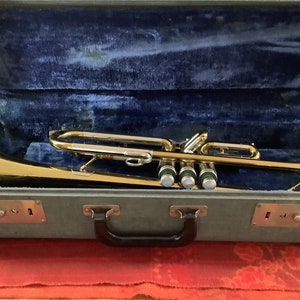 May include: A gold-colored trumpet in a blue and black case. The trumpet has three valves and a silver bell.