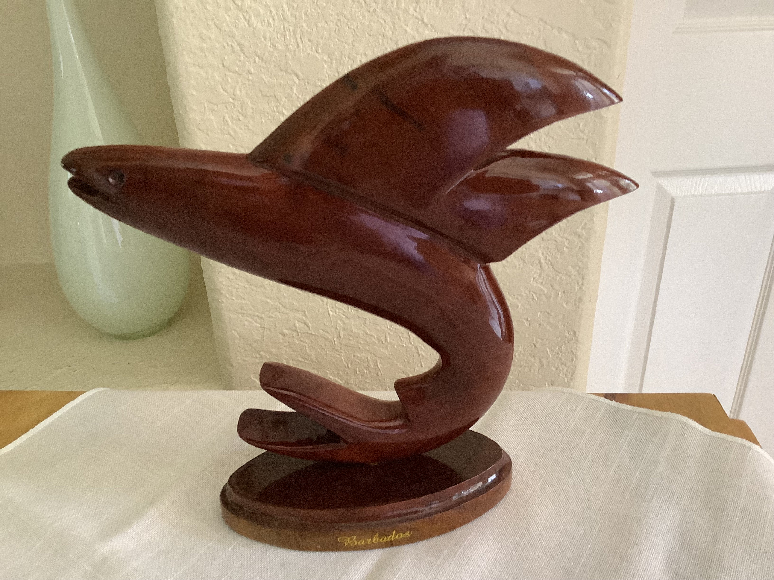 VINTAGE Large 9.5" Carved Mahogany Wooden Art  Sail-Fish - Souvenir BARBADOS