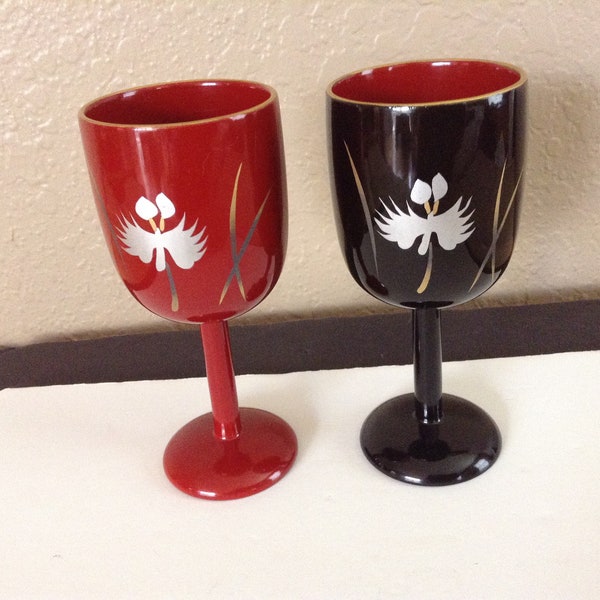 Pair of Vintage~Asian~Lacquered~Wine Glasses~Chinese Red and Black with Gold Motif