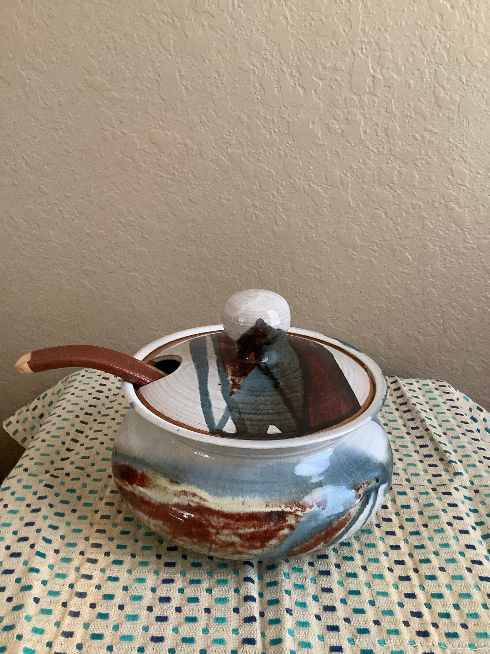 South Western Art Pottery Soup Tureen Bean Pot With Lid & Ladle Stoneware, Signed