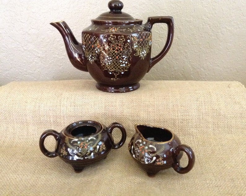 Vintage Brown Betty Teapot Sugar Bowl And Creamer Wgilt Floral Designs Dot Paint Accents Japanese Moriage Design Japan Teapots Home Living Efp Osteology Org