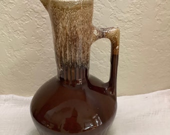 Monmouth Maple Leaf Pottery Pitcher Carafe Brown Drip Glaze Vintage