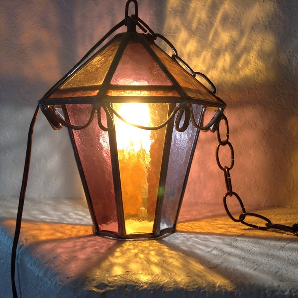 STAINED GLASS~Outdoor Lantern~Hanging OCTAGONAL~ Lamp~Patio~Courtyard Decor