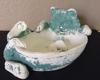Vintage Shabby Cat Water Dish~Hand Painted Plaster Resin~11.5"~Very Heavy