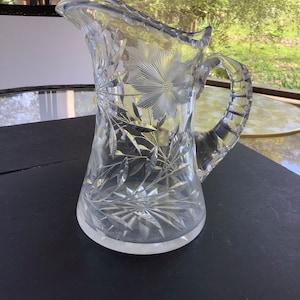 Vintage Crystal Cut Glass Pitcher~Prisim-cut Handle~8.5&quot; high~Floral Design