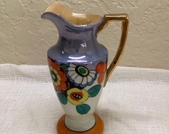 Peach Lusterware Floral Vase: Handled Porcelain, Made in Japan