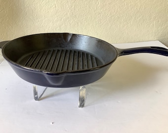 Vintage Technique Enameled Cast Iron Skillet 10" Cobalt Blue Double Spout & Lift Handle