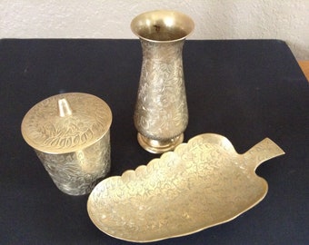 Set of 3 Vintage Brass Leaf Etched Vase, Tray & Covered Cup~ Signed and Stamped