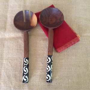 AFRICAN ART~ Salad Utensil Set~Olive Wood~ with Bone Inlay Handles~Kenya
