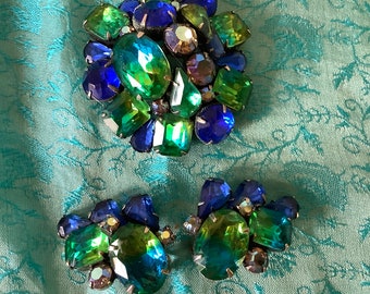 Vintage Kramer Brooch and Earrings~Vitrail Givre Glass~ Blue & Green Rhinestones