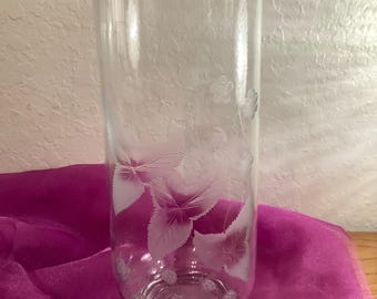 Vintage Etched Floral Art Glass Crystal Vase~Florals~Leaves~Strawberries~12"
