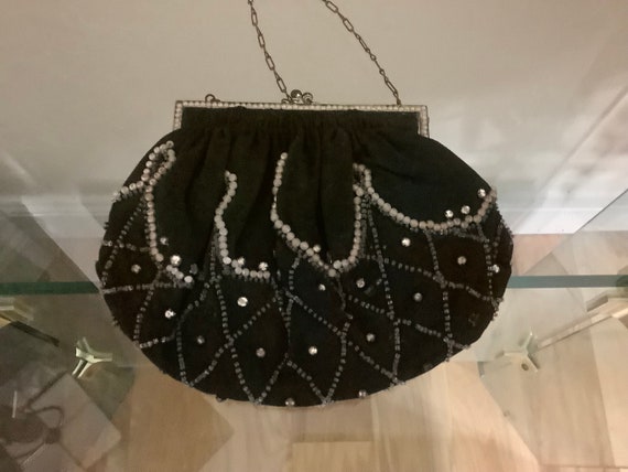 Vintage 1930's Black Beaded Pearl~Silk Lined Meta… - image 1