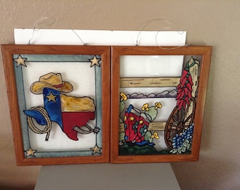 Pair of Matched Handcrafted Painted and Stained~Sun-Catchers~18 x14  Texas Lone Star State