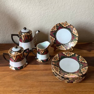 Vintage Irridescent Lusterware Art Deco Hand Painted Teapot-Creamer~Sugar~Plates