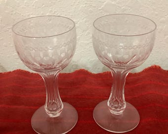 Antique Fostoria Etched Greek Hollow Stem Champagne/Cordial Glasses Set Of 2