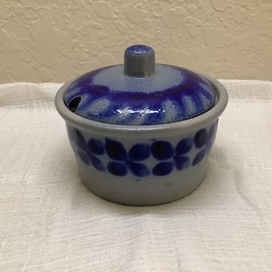 Vintage Salt Glazed Cobalt Stoneware Mustard Honey Pot Sugar Jar Pottery