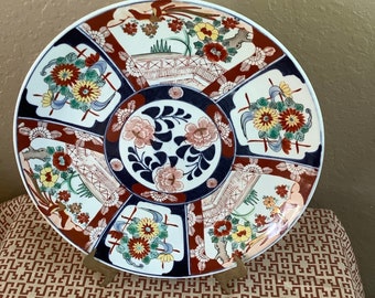 Assiette de transport florale japonaise antique Imari peinte à la main ~ 25,4 cm avec des touches d'or ~ Signé