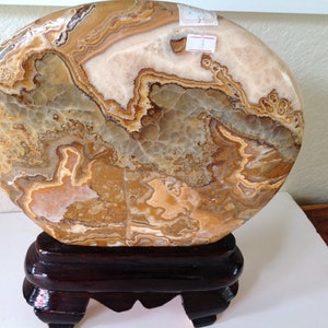 Ornate Oriental Polished Marble Vintage Hand Carved Disk Statue in Hand Carved Lacquer Stand