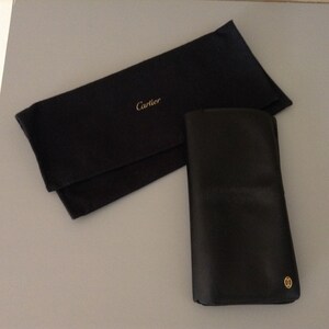 Cartier Paris Vintage Black Leather Long Wallet W/ Black Clutch Pouch