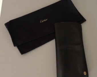 Cartier Paris Vintage Black Leather Long Wallet W/ Black Clutch Pouch